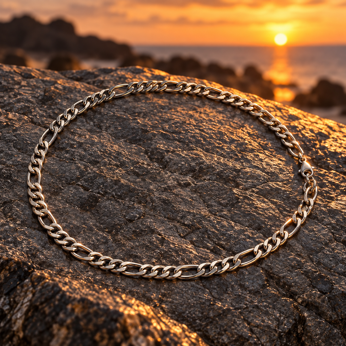 Colar masculino prateado sobre pedra ao pôr do sol
