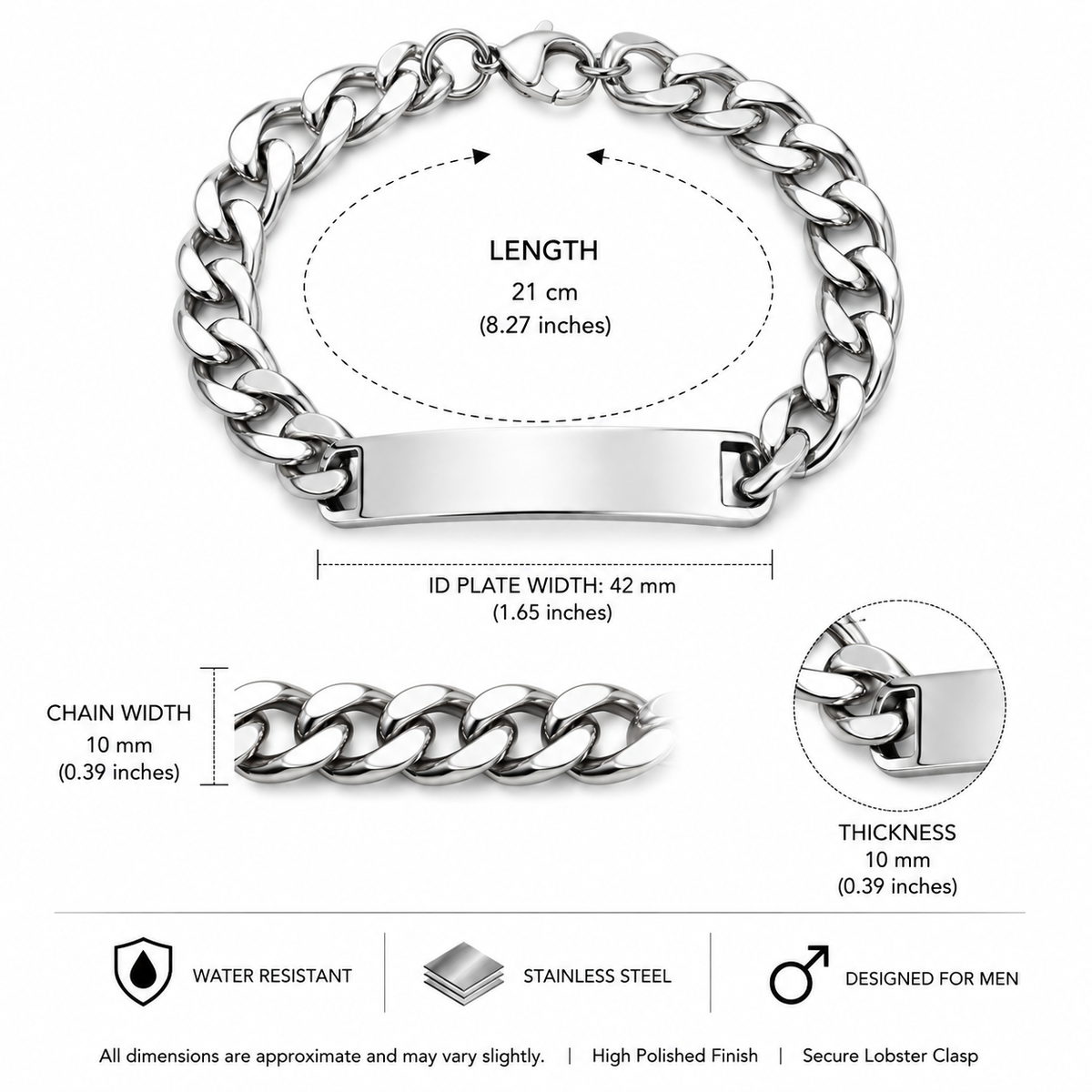 Medidas da pulseira: 21 cm de comprimento e 8 mm de espessura